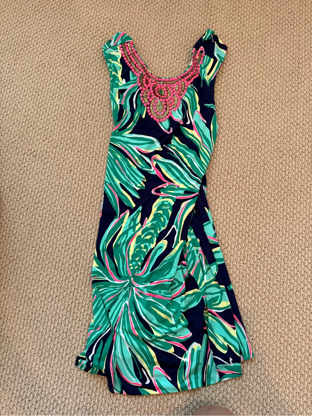 Lilly Pulitzer Navy Dress with Green and Pink Tropical Print